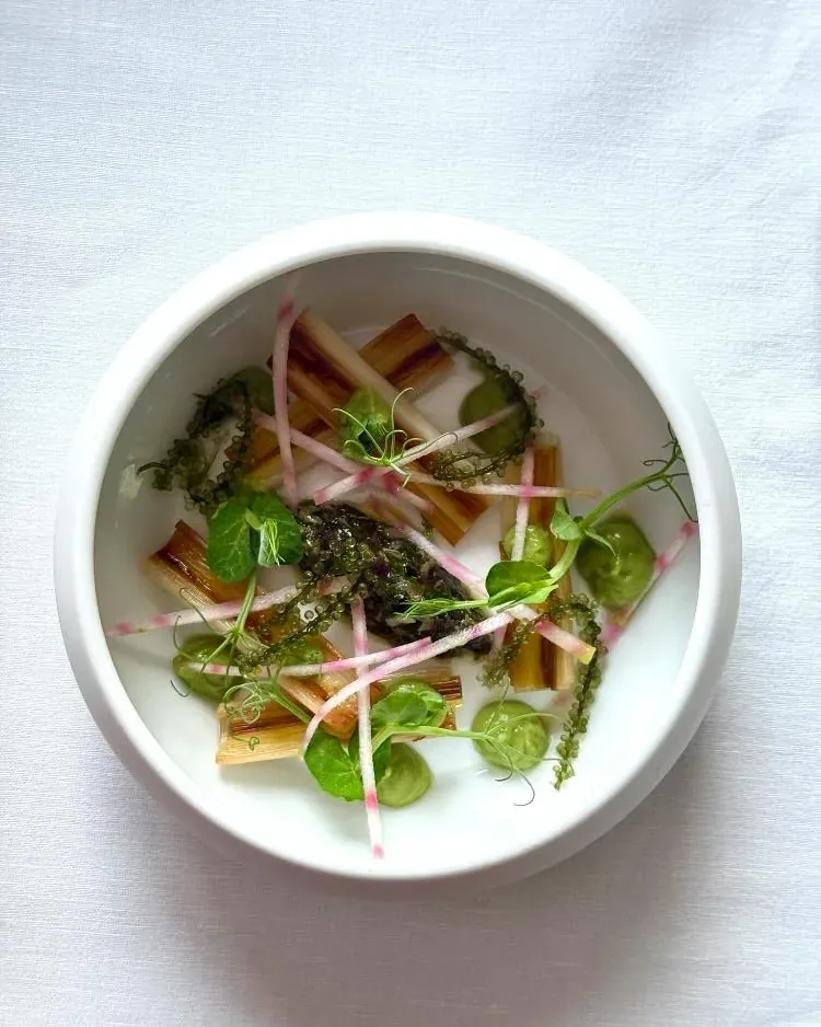 Grilled leeks, radish, watercress and sea grapes