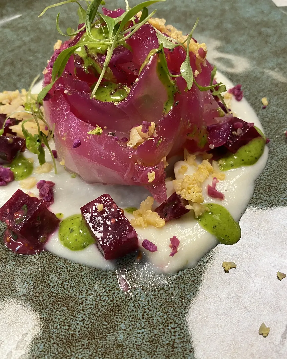 Cured tuna, beetroot, foam and pistachios